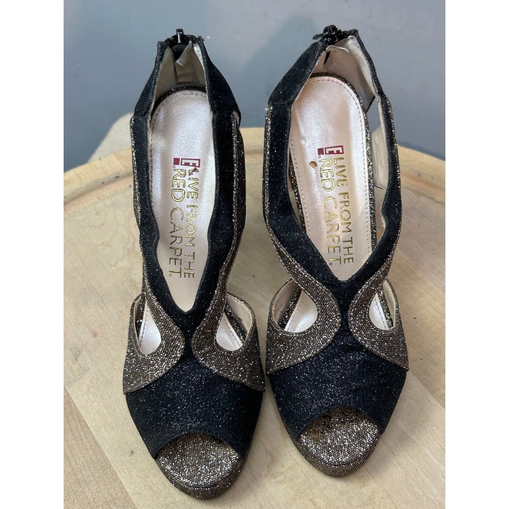 Live From The Red Carpet Heels Womens 6B Black Gold Glitter Peep‎ Toe Stiletto